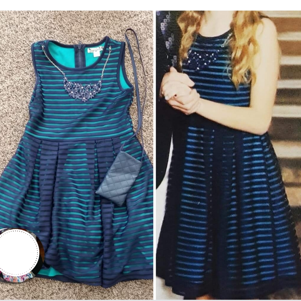 Striped Navy Blue and Teal Kids Dress
